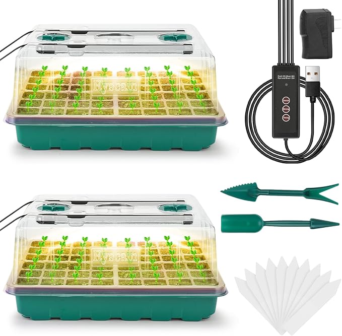 Seed Starter Tray with Grow Light, 96-Cell Seed Starter Kit, Seedling Starter Trays with Humidity Domes, Automatic Timer, Adjustable Light Indoor Gardening Plant Germination Trays