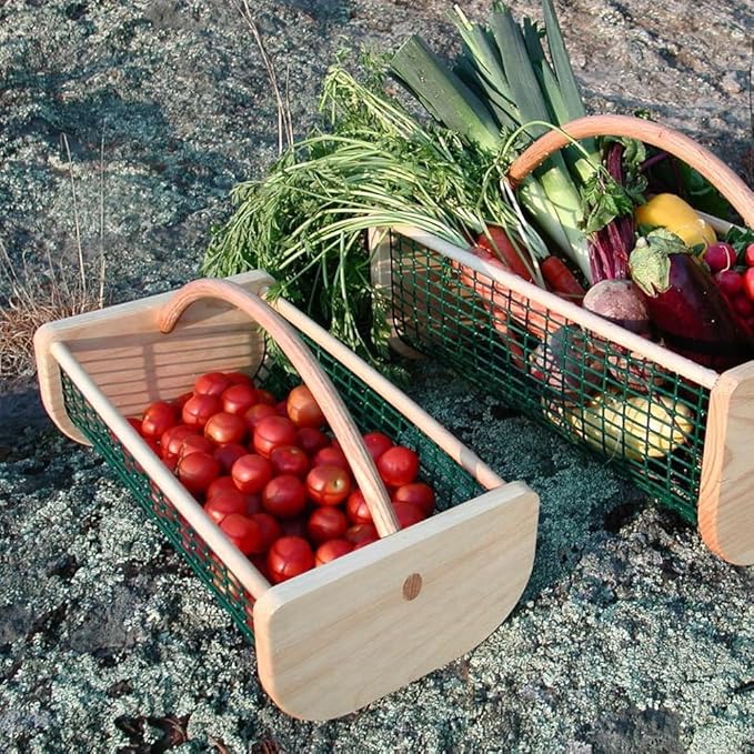 Maine Garden Hod Basket for Vegetable Gardening and Harvest Gathering or Farmhouse Decor, Pine and Oak with PVC Wire Mesh, USA Made, 16 x 9 in, 8 quart