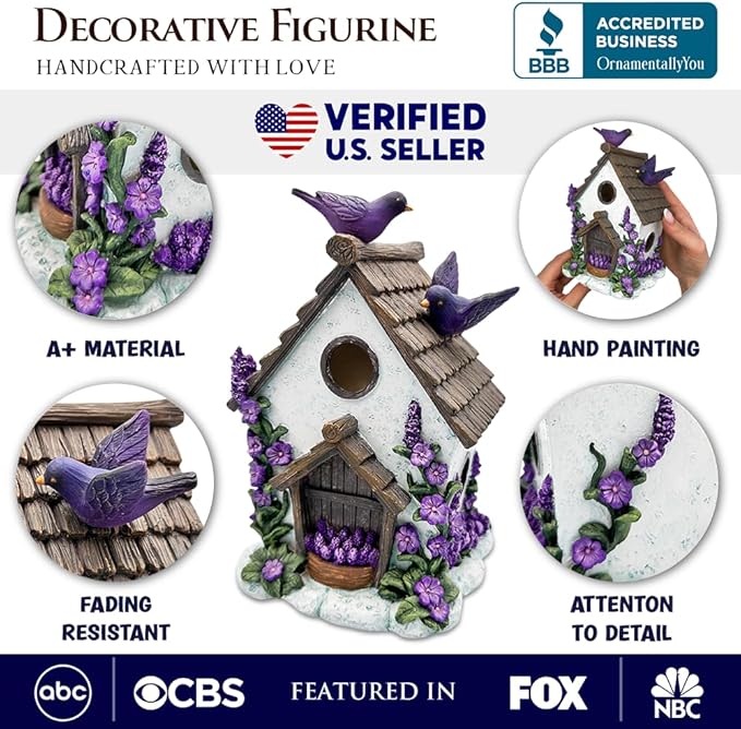 Spring & Summer-Themed Garden Statues – Adorable Outdoor Decor for Lawn, Patio & Porch (Lovely Floral Lavender Bird House Figurine, 7" Novelty Cottage Garden Decor)