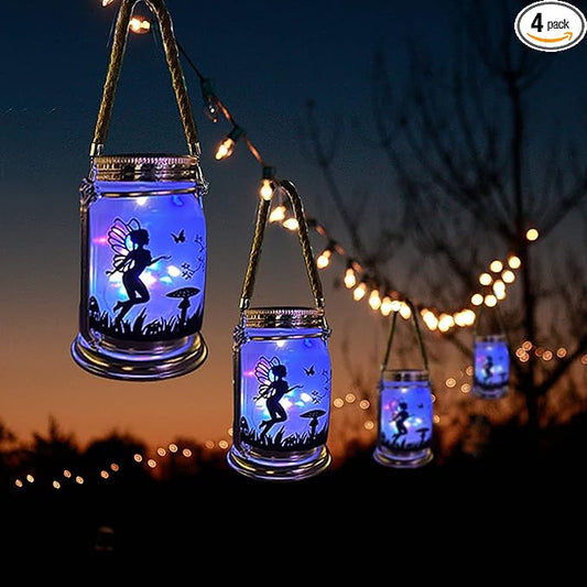 4 Pack Solar Fairy Lights Decorations Garden-Solar Fairy Lantern Mason Jar Colorful Ornament Night Light-Ourdoor Gifts Hanging Lamp Frosted Glass Jar with Stake for Yard Garden Patio Lawn