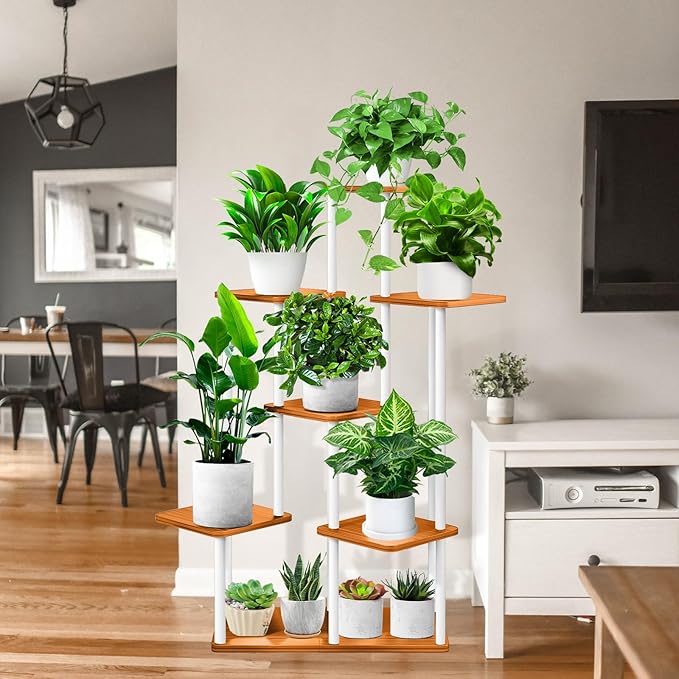 7 Tier Wood Tall Plant Stand Metal Rack Indoor, Multiple Flower Pot Holder Shelves Corner Rack, Planter Shelf Display Rack Storage Organizer for Patio Living Room Balcony Garden(White)
