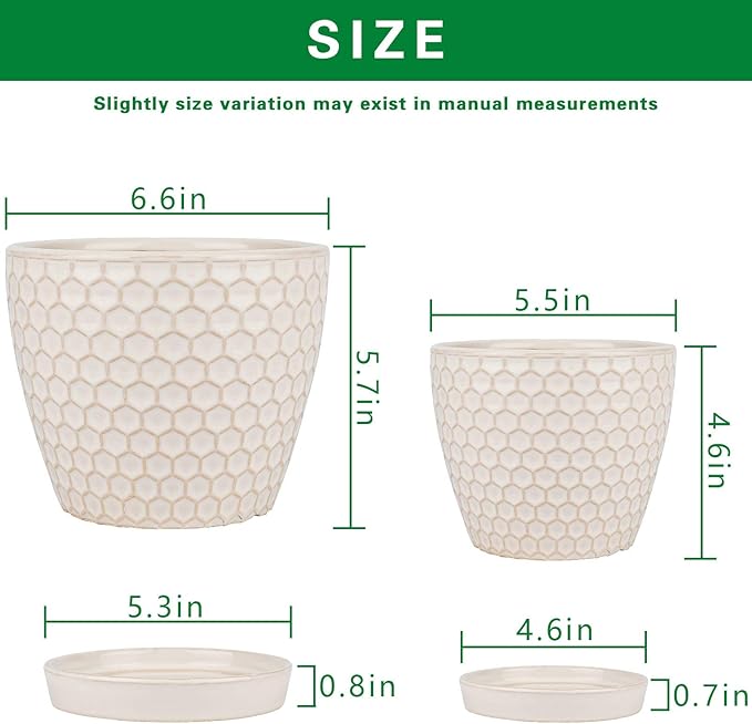 Docrin Ceramic Plant Pots Indoor: 6.6 + 5.5 Inch Planters with Drainage Holes and Saucer for Home/Office - Set of 2 /Milky White Honeycomb