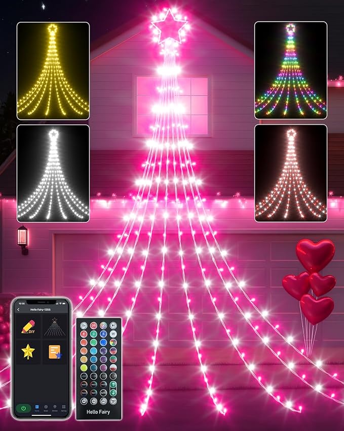 16.5FT Smart Outdoor Christmas Decoration Star String Lights, DIY Color Changing LED Yard Lights App Control Music Sync, Timer, Group Control Waterproof Waterfall Tree Lights for Outside