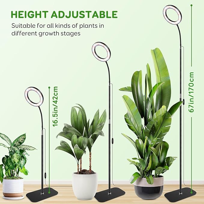 One Head Grow Lights for Indoor Plant Full Spectrum, Plant Lights for Indoor Growing with 3/9/12 Timer, 5 Dimmable Levels,Height Adjustable 16.5''-61",Strong Base for Large Plants Happy Light