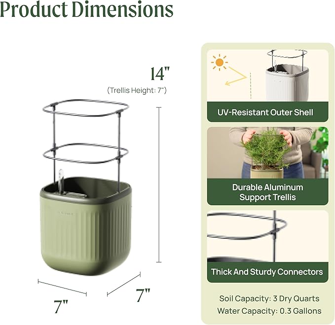 Vego garden Mini Planter Indoor Pots with Trellis Self-Watering Herb Countertop Planter for Climbing Vegetables Flowers Mint Plants Cage- Sage Green
