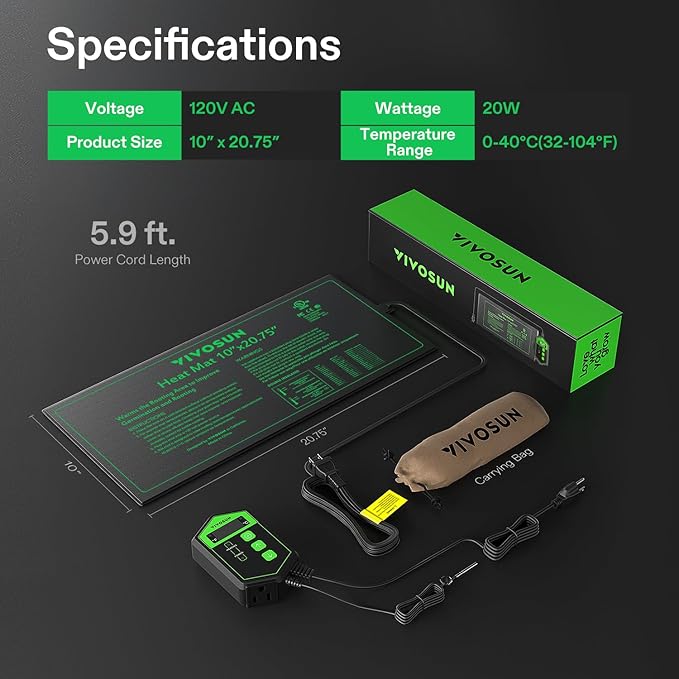 VIVOSUN 10"x 20.75" Seedling Heat Mat and Digital Thermostat Combo Set, UL & MET-Certified Warm Hydroponic Heating Pad for Germination, Indoor Gardening, Greenhouse