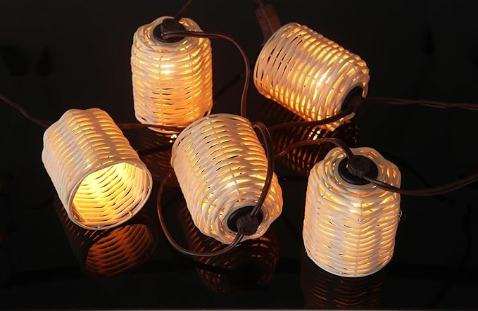 Natural Rattan String Lights, 10 Rustic Raffia Cage,10 Ft Plug in & Connectable Wicker Lights, Rustic Farmhouse Style for Room,Garden,Deck,Patio Decorations, Natural Color Rattan