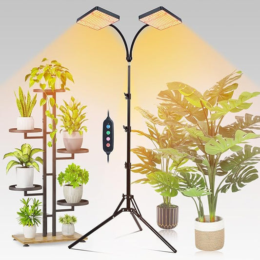 2-Head Grow Light with Stand 50W, FECiDA 2025 Grow Lights for Indoor Plants, Full Spectrum LED Plant Grow Light for Houseplants, Bonsai Tree, 4,8,12,16 Hr Timer and 360° Gooseneck