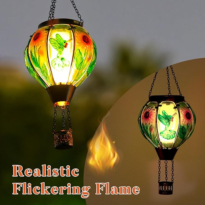 Hummingbird and Sunflower Solar Hot Air Balloon Lantern with Flame, Glass Hot Air Balloon Solar Lantern Outdoor Waterproof, Hanging Solar Lantern for Outside Garden Patio Tree Porch Yard