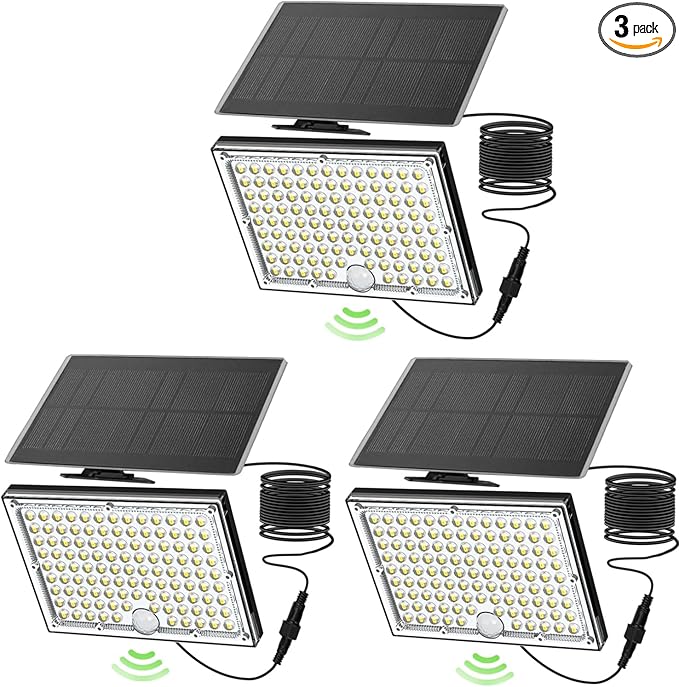 Outdoor Solar Lights,113 Powerful LED Lenses with 9000k Cool White Light, Solar Security Lights Indoor 5 Meters Long Wire, Works Upto 24 HR on Mode 3, Comes with 2 Year Warranty.