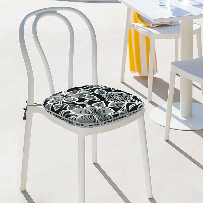 Indoor/Outdoor Chair Cushions 16x17 Inch, Patio Chair Cushions with Ties, All Weather Seat Cushions for Patio Furniture Home Garden Chair Use, Set of 4,Flower Black