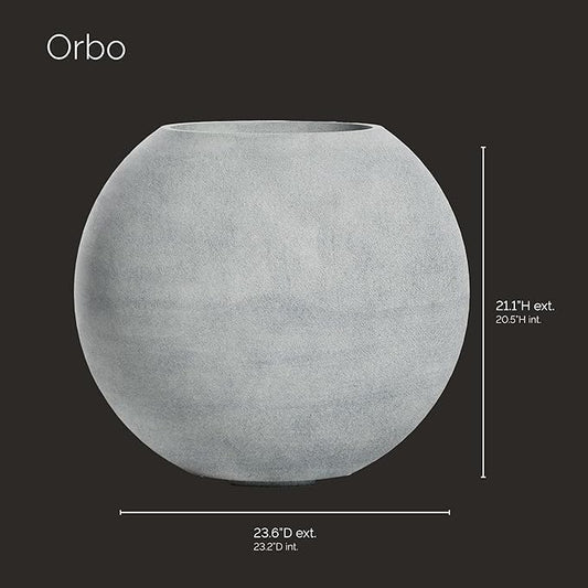 Orbo Globe Sphere Planter – Concrete Stone Finish – Fiberglass Indoor/Outdoor and Weather-Resistant Round Planter (23.6" D x 21.1" H Exterior, 23.2" D x 20.5" H Interior)
