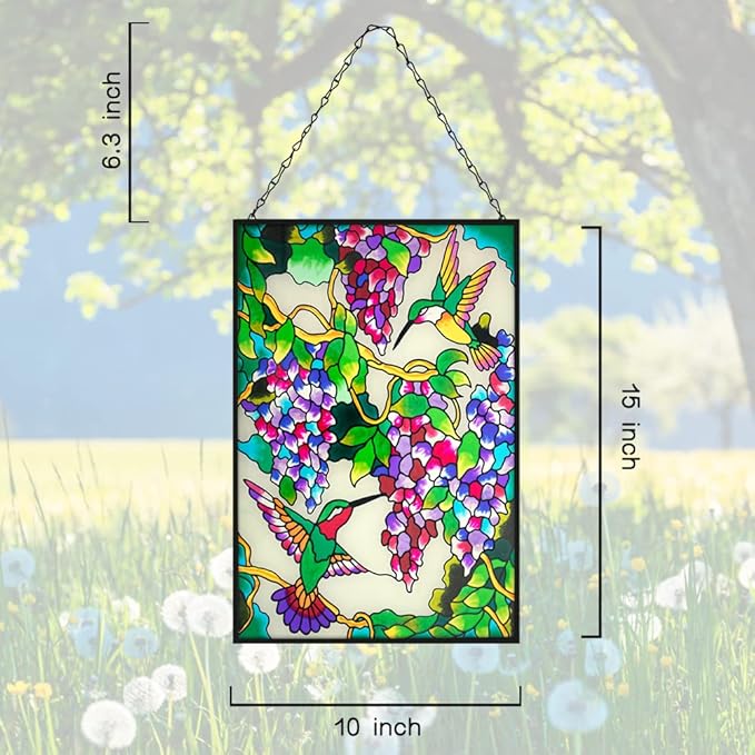 VEWOGARDEN Hummingbird Stained Glass Window Hangings 10" W x 15" H Bird Suncatcher Panel with Chain Windows Hanging Decor Ornament Gift