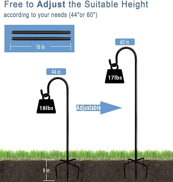 60 inch Outdoor Shepherd Hook with 5 Prong Base (2 Packs), Adjustable Heavy Duty Garden Hanging Stake for Bird Feeder Solar Light Plant Hanger Wedding Decor, Matte Black