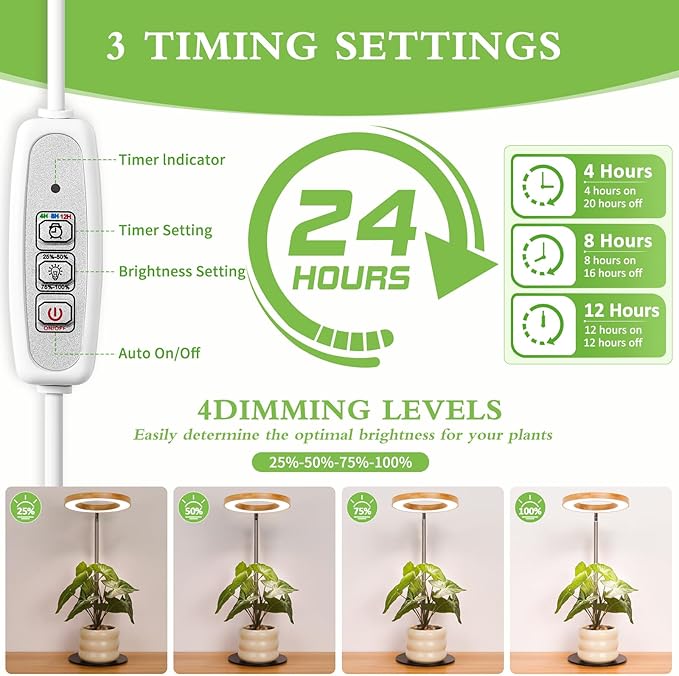 LORDEM Bamboo Grow Light for Indoor Plants, Full Spectrum Plant Light for Indoor Growing, Desk LED Grow Lamp with Auto On/Off Timer for 4H/8H/12H, 4 Dimmable Levels, Height Adjustable, 2 Pack