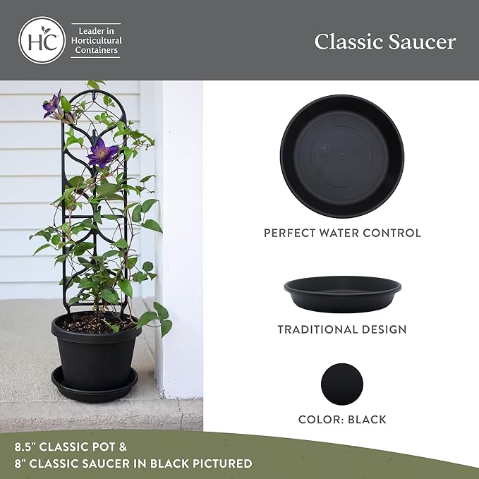 The HC Companies Flower Pot Saucers - Plastic Plant Saucer for Outdoors & Indoors - Traditional Design Plant Pot Trays for Water Drainage - Durable & Stylish Round Plant Tray (6-inch Black)