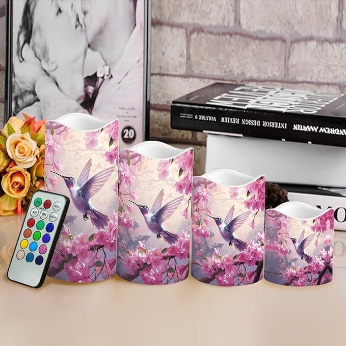 Ystardream Hummingbird Operated Candles with Flickering Flame Flameless Taper Candles Flickering Peach Blossom Operated Electric Pillar Candle LED Candle for Indoor Outdoor Home Decor