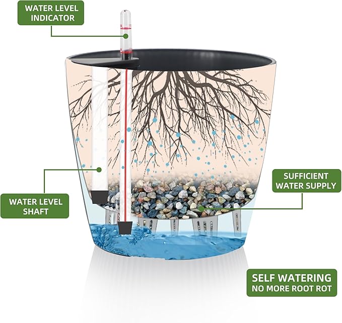 Dexceder 13x12 Self Watering Planters Indoor, Inner Mat Design, Floor Standing Flower Plant Pot with Water Level Indicator (2 Pack, Gray)