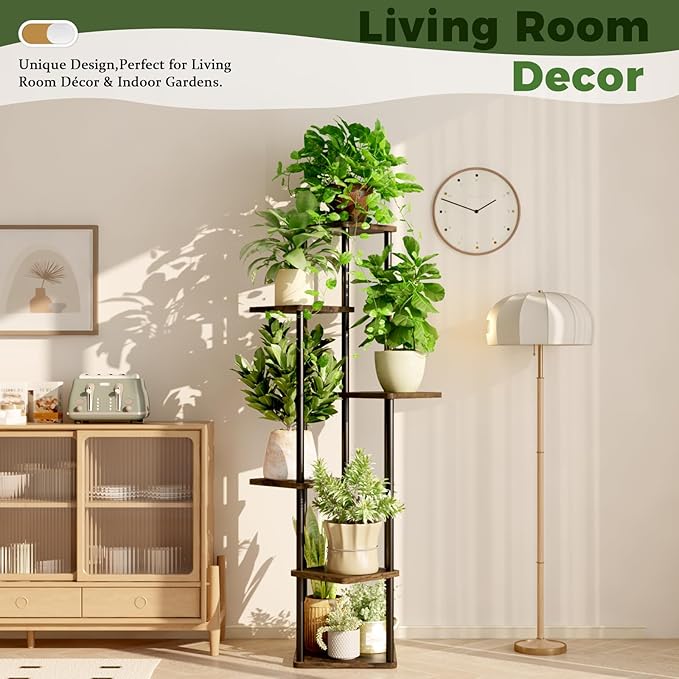 6 Tiered Plant Stand Indoor Corner Plant Shelf for Multiple Plants for Patio Garden Balcony Living Room Bedroom, Tall Metal Flower Pots Stand Relaxing for Women Gift Brown Oak