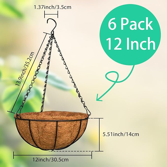 ZeeDix 6 Pack 12 Inch Metal Round Hanging Planter Basket with Coconut Liners Replacement, Hanging planters Baskets with Natural Coco Liner for Outdoor Indoor Planters Flowers Vegetables
