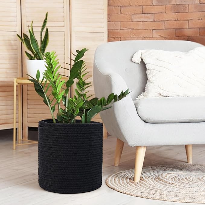 Cotton Rope Plant Basket, Woven Basket Planter for 11 inch Pot, Round Indoor Tree Pot Cover, Storage Bin Organizer, Modern Basket for Plants and Home Decor, 12.5”X12.5”, Black