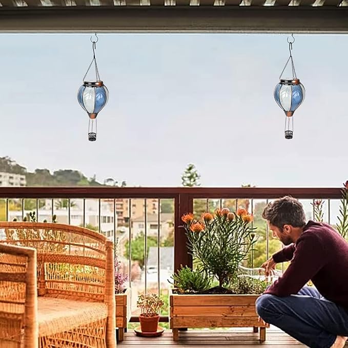 pearlstar Hot Air Balloon Solar Lantern with Flickering Flame Light Outdoor Solar Hanging Lights Waterproof for Garden Yard Farmhouse Outside Decoration,Stained Glass Blue and White