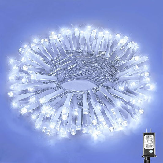 33ft 100 LED Christmas Lights Outdoor - 8 Modes Christmas String Lights Clear Wire with Time Memory, Waterproof Plug in Fairy String Lights for Indoor Outdoor Home Party Garden Decoration, Cool White