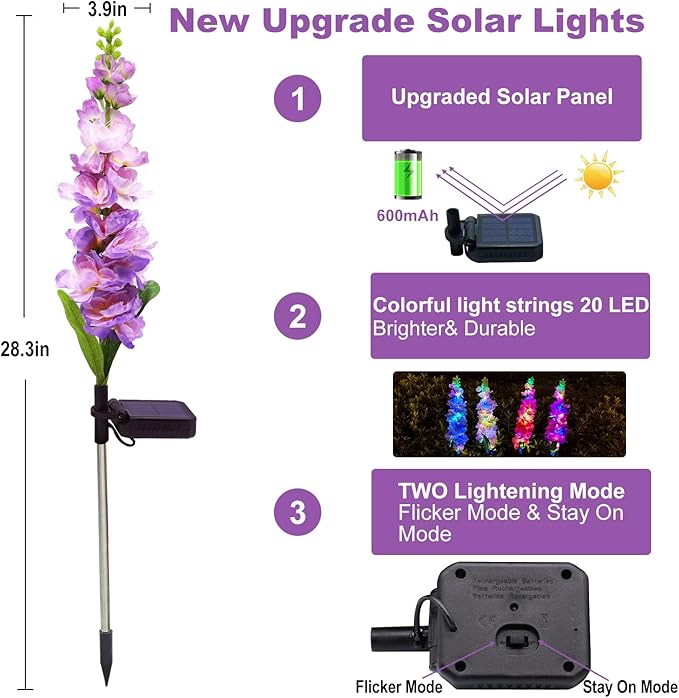 Solar Garden Lights, Solar Delphinium Flowers Lights 4 Pack 80 LEDs, Waterproof Solar Outdoor Lights Two Lighting Modes for Outside Wedding Party Garden Yard Patio Lawn Decor