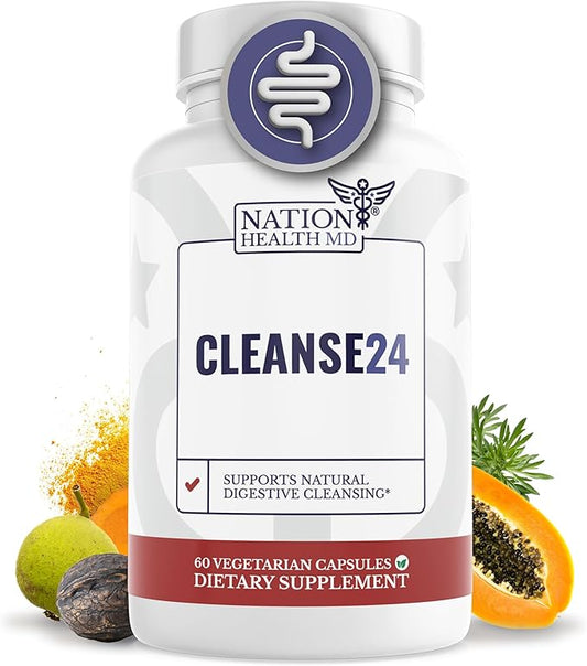 Cleanse24 - Intestinal Cleanse for Humans with Wormwood, Papaya, Black Walnut - Herbal Intestinal Cleanse, Gut Cleanse for Men & Women, 60 Capsules
