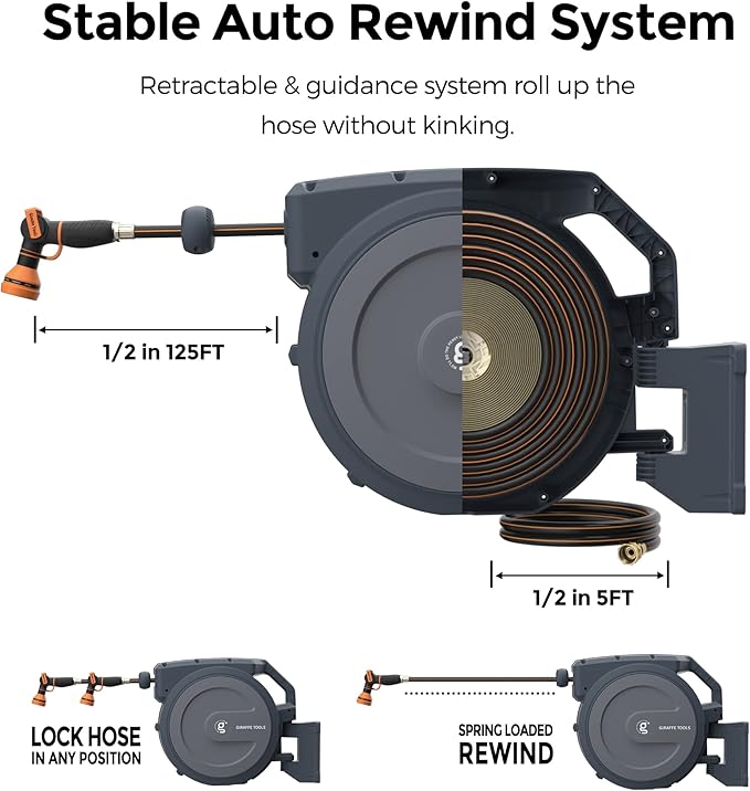 Giraffe Tools Metal Retractable Hose Reel 130 FT Wall Mounted Heavy Duty Hose Reel with 9 Pattern Nozzle 180 Deg Swivel, Metal Bracket Any Length Lock (1/2 130FT PRO, Dark Grey)
