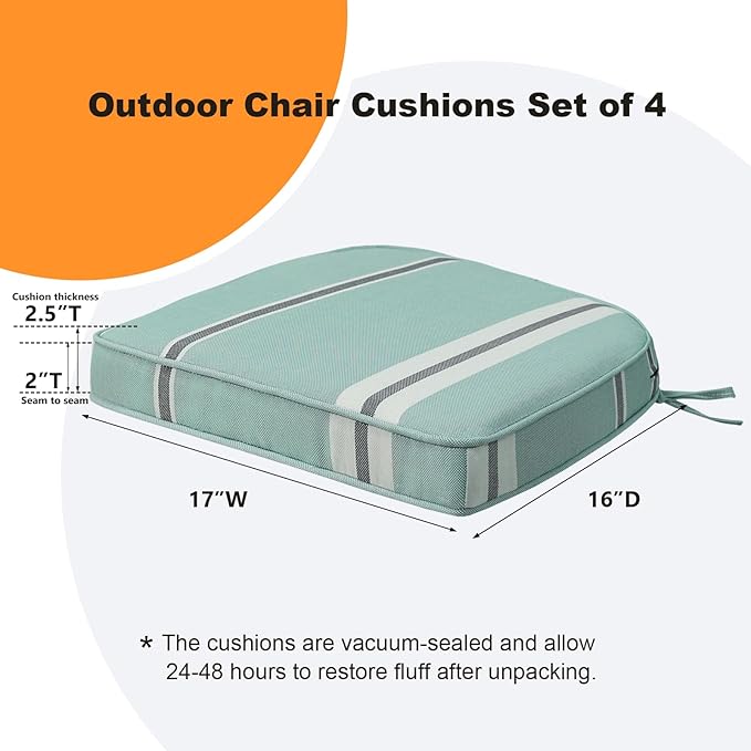 Round Corner Seat Cushions, 17" x 16" x 2", Set of 4, Indoor Outdoor Water Repellent Universal Chair Pads with Ties for Patio Furniture, Garden Deck Dining Chairs, Aqua Stripe