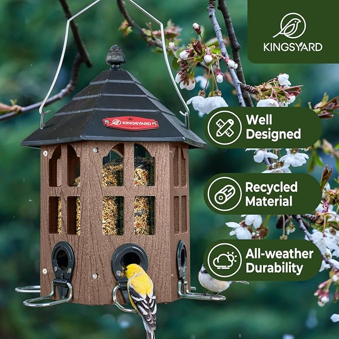 Kingsyard Wild Bird Feeder for Outdoor Hanging, Recycled Plastic Bird Feeders with 6 Ports & U-Shape Perch, Garden Yard Outside Decoration, 3.5 lbs Seed Capacity, Brown