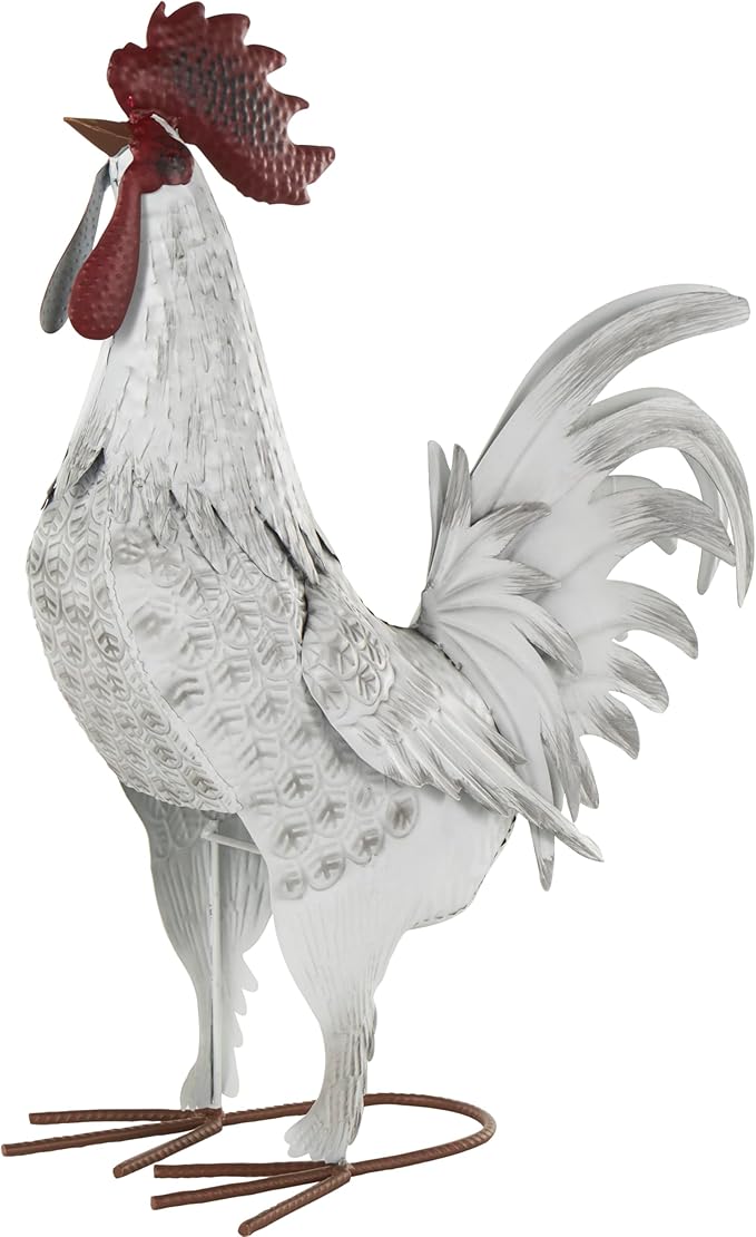 Deco 79 Metal Rooster Decorative Garden Sculpture Garden Statue with Black Texturing and Red Accents, Outdoor Sculpture 15" x 6" x 18", White