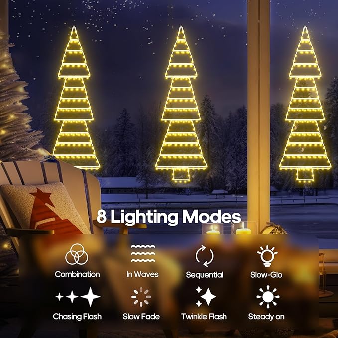 LED Christmas Lights Outdoor, 4.6ft Ladder Lights, Plug-in Christmas Tree Hanging Lights, Waterproof 8 Light Modes Christmas Decoration Lights for Indoor, Wall, Window, Garden - Warm White