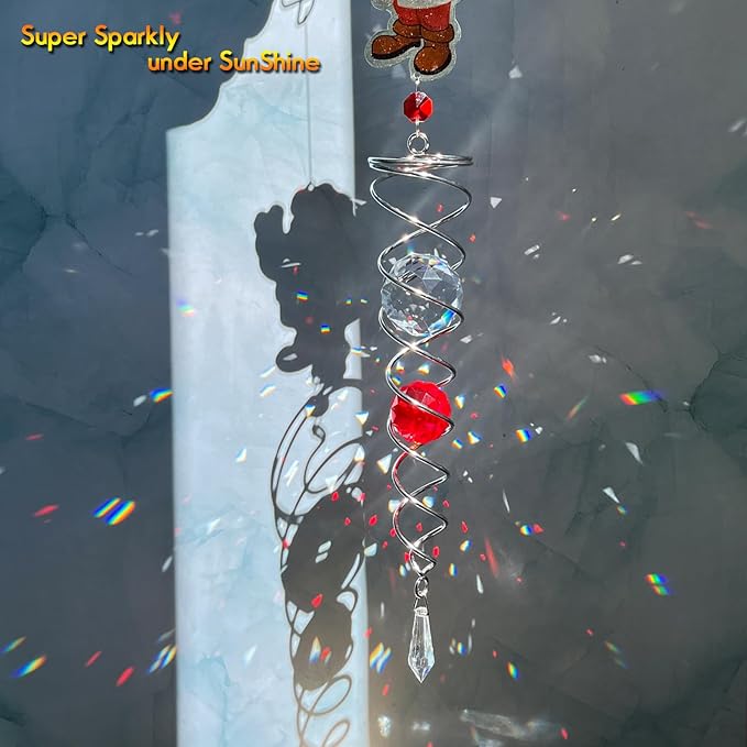 FONMY Santa Claus Gazing Ball Spiral Decorative Wind Spinner Sun Catcher Rainbow Maker Silver Spiral W/ K9 Crystal Ball Christmas Tree Hanging Ornament Indoor Outdoor Garden Decor. 22 in