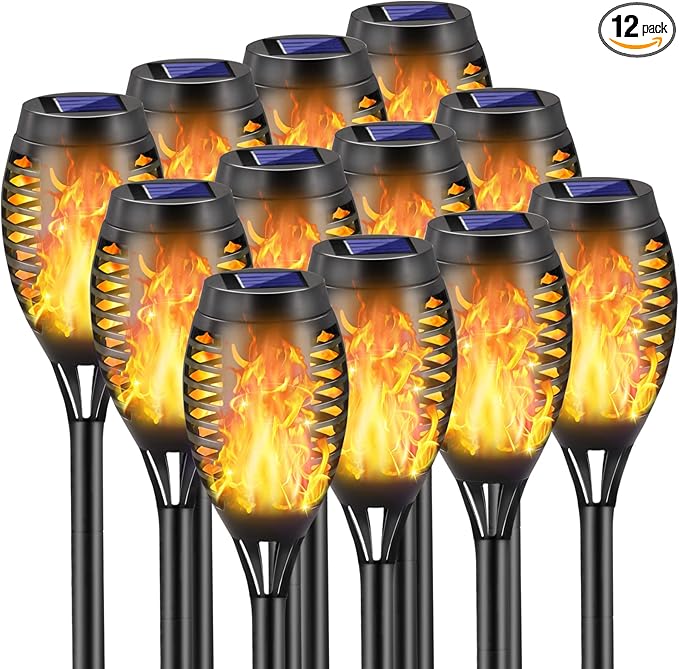 Solar Torch Lights Outdoor, 12 Pack Solar Torch Lights with Flickering Flame, 12 LED Mini Tiki Torches for Outside Waterproof Landscape Decorations for Garden Pathway Dusk to Dawn Auto On/Off