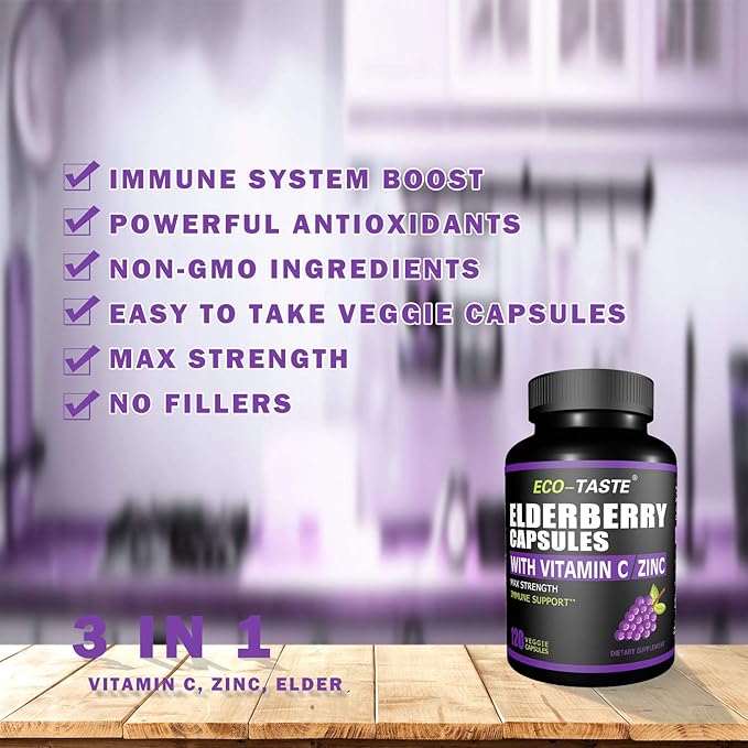 ECO-TASTE Elderberry Capsules with Zinc & 120 Capsules,