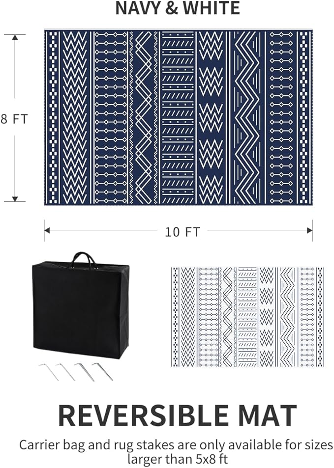 Outdoor Rug Carpet Waterproof 8x10 ft Patio Rug Mat Indoor Outdoor Area Rug for RV Camping Picnic Reversible Lightweight Plastic Straw Outside Rug for Patio Decor Decoration Boho Rug Navy Blue White