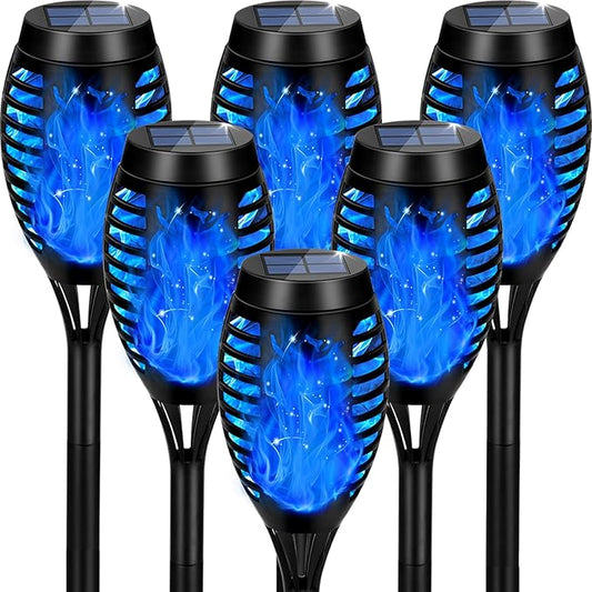 Solar Lights Outdoor, Upgraded 6 Pack Blue Solar Torch Light with Flickering Flame Waterproof for Garden Decor, Flame Torches for Outside Landscape Porch Yard Pathway Decorations