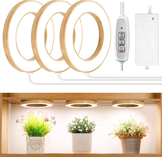 LORDEM 6.3" Bamboo Ceiling Grow Lamp for Indoor Plants, 216 LEDs Full Spectrum Halo Plant Light, Under Cabinet Grow Lights with 4/8/12H Auto Timer Switch Modes, 4 Dimmable Brightness Levels, Tri Head