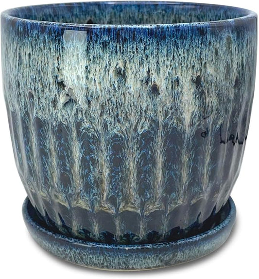 Ceramic Pots for Plants, 6 inch Pots for Plants, Ceramic Planters for Indoor Plants, Flower Pots with Drainage and Saucer, Reactive Glaze Blue
