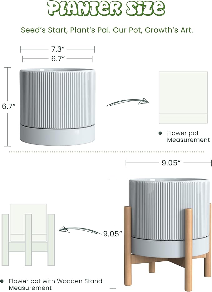 Ceramic Planter Pots Indoor with Drainage Hole & Saucer,Including Stand,7.3 Inch Mid-Century Modern Cylinder Plant Pot for Snake Flower Leaf Blue