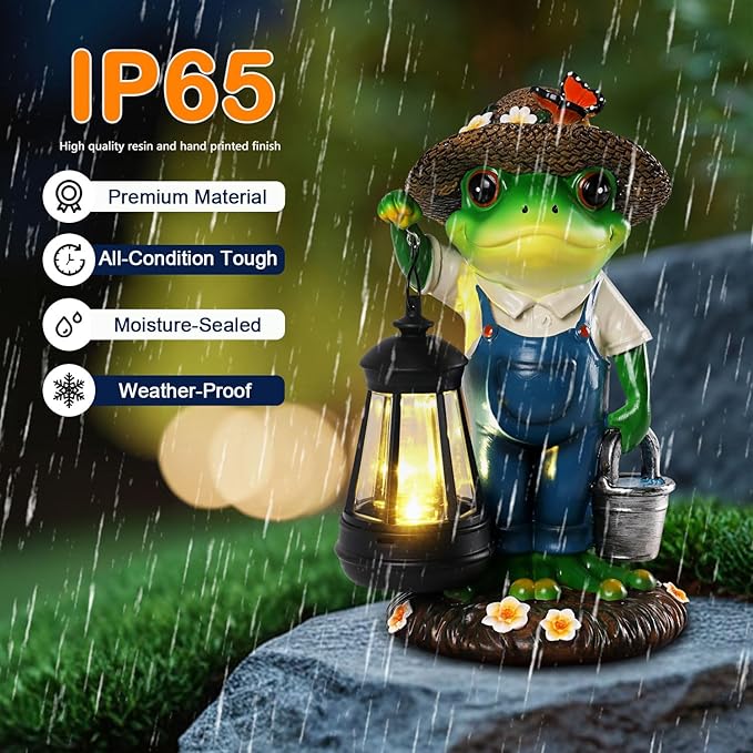 Solar Garden Decor - Frog Statues with Lantern 9" Resin Solar Frogs for Outdoors Patio Yard Porch Lawn Balcony Decor Ideas Animal Lover Gardening Gifts for Women Mom Wife