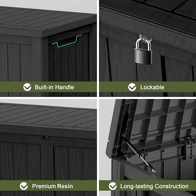120 Gallon Outdoor Deck Box,Storage Lockable Waterproof Patio Furniture,Garden Tools,Cushions,Pool Accessories Outside Storage Resin Box(Black)