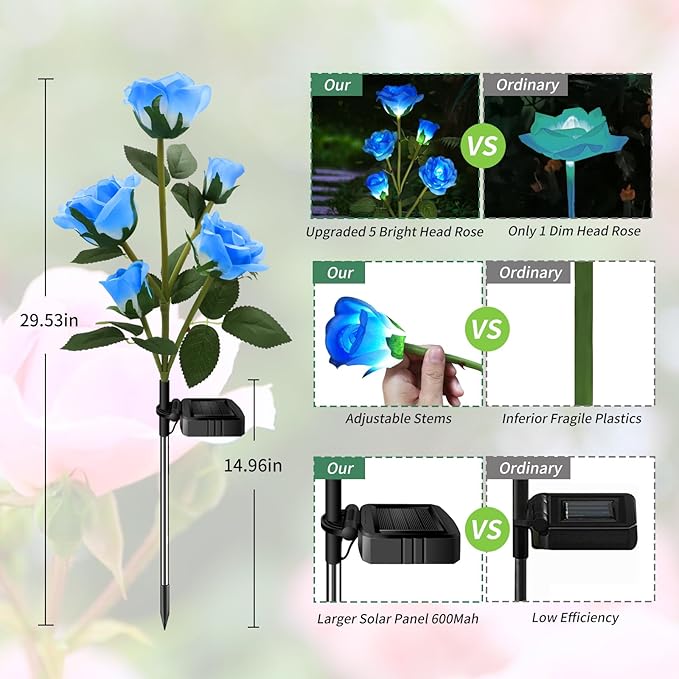 Solar Garden Lights - Realistic 20 Rose Waterproof Solar Flowers for Outside Patio Yard Pathway & Christmas Decorations, Blue & Yellow