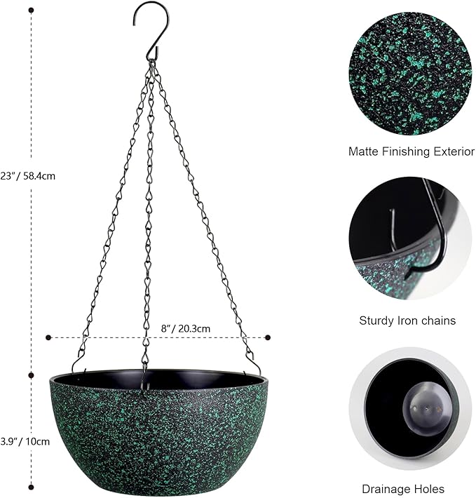 8 inch Small Hanging Planters for Indoor Outdoor Plants, 2 Pack Hanging Flower Pots with Drainage Holes and Chain, Plastic Hanging Baskets for House Plants, Black with Green Speckles