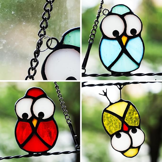 Owls Decor Stained Glass Suncatcher,Multicolor Owl Stained Glass Window Hangings,Bird Suncatchers Deocr for Door Room,Owl Gifts for Mom,Grandma,Bird Gifts for Bird Lovers Women