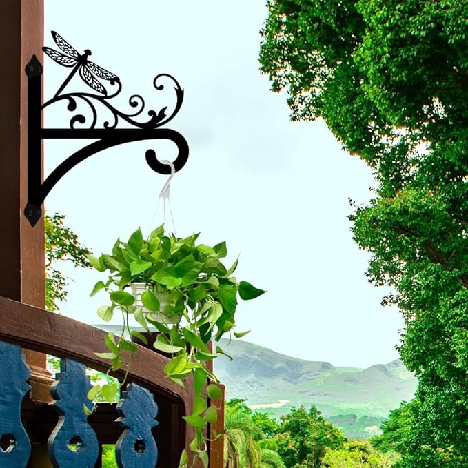 peacoblue Iron Plant Hangers Hooks for Outdoor Indoor Hanging Plants Flower Fern Pots Lantern Bird Feeder, 12"x15" Weather Resistant Metal Wall Holder for Porch Garden Farmhouse(Vintage Dragonfly)