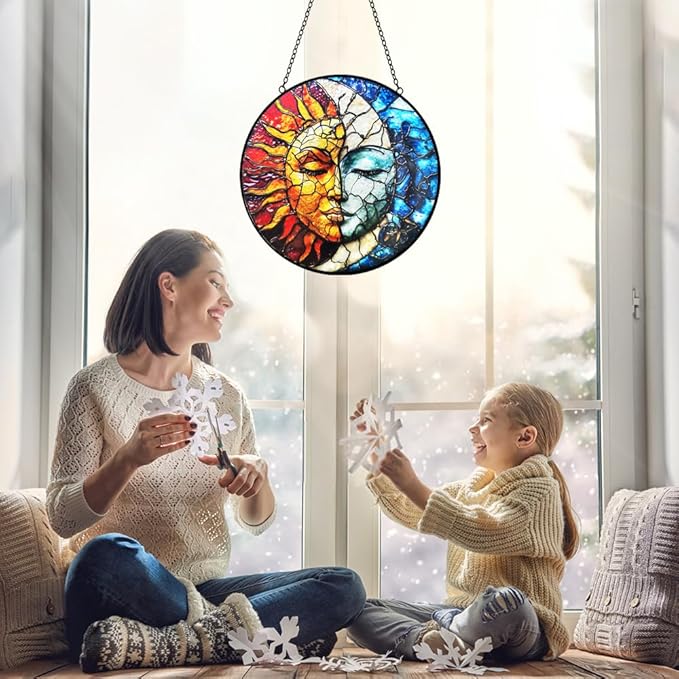 Sun and Moon Decor Stained Glass Window Hanging Suncatchers - Sun Catchers Indoor Window Christmas Decorations - Stained Glass Suncatcher with Hooks and Chain - Celestial Decor Gift for Men Women