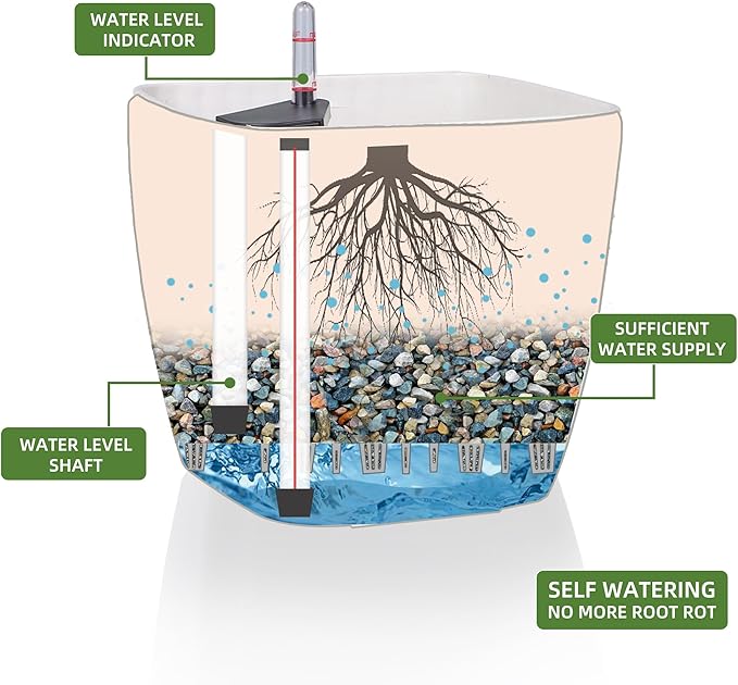Dexceder 11x10 Self Watering Planter Indoor Outdoor, Inner Mat Design, Thickened Table Flower Plant Pot with Water Level Indicator (Ivory White Rattan)